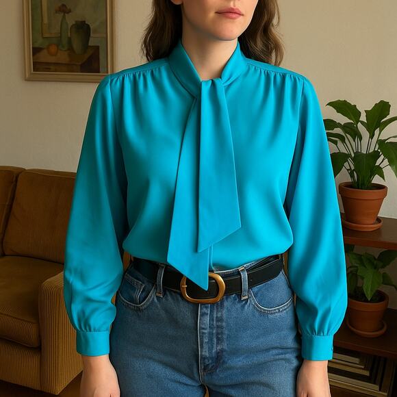 Vintage Turquoise Secretary Blouse 80s Long Sleeve Tie Neck Womens Size XL - Picture 1 of 7